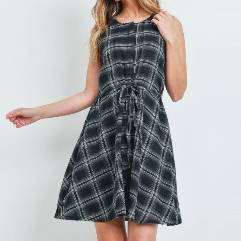 Metallic Plaid Cotton Drawstring Dress